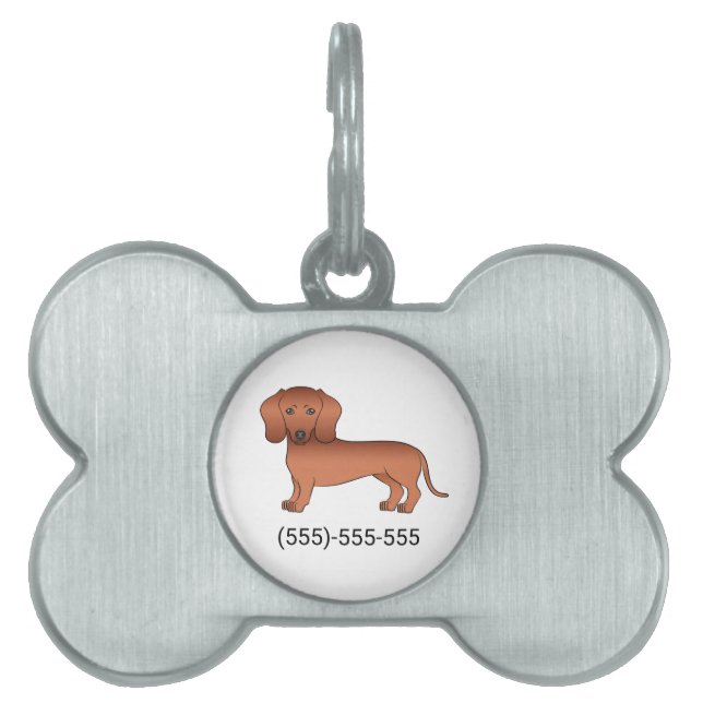 Röd Korthårig Dachshund Söt Tecknad Hund & Nummer ID-bricka Husdjur (Framsidan)