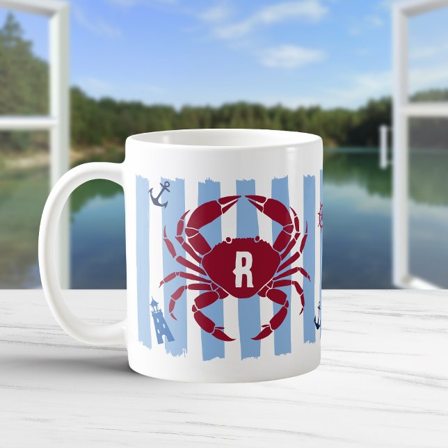 Röd krabba Blå ränder Maritima ikoner Monogram Kaffemugg (Skapare uppladdad)
