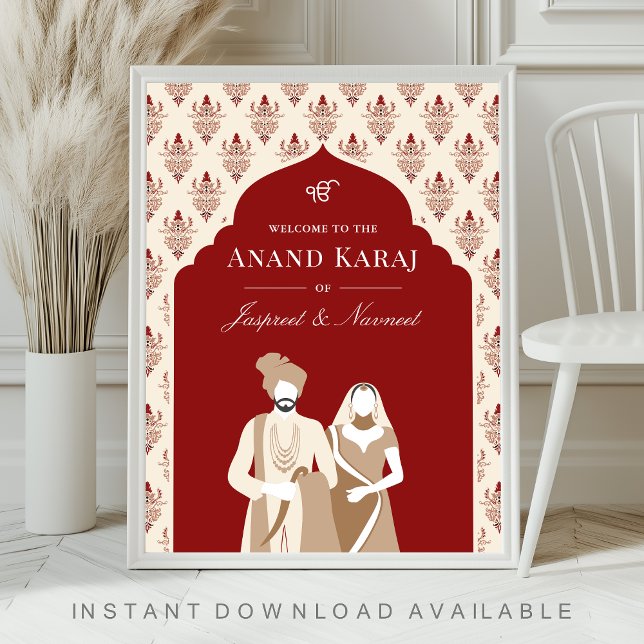Röd Kräm Anand Karaj Sikh Bröllop Välkomstskylt Poster (Skapare uppladdad)