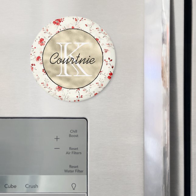 Röd kräm Blommig Guld Monogram      Magnet (In Situ (Fridge))