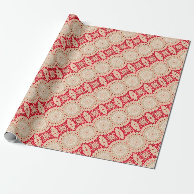 Röd kräm- guld- Arabesque för vintagejul Presentpapper (Utrullad)