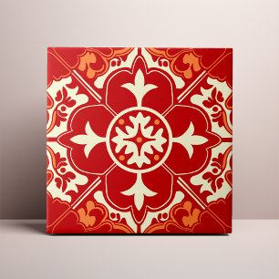 Röd kräm och orange Azulejo Mandala Kakelplatta
