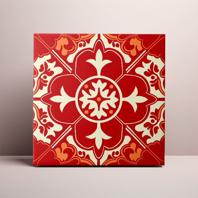 Röd kräm och orange Azulejo Mandala Kakelplatta (Skapare uppladdad)