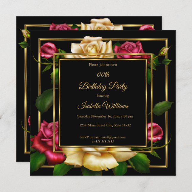 Röd kräm Ro blommigt Guld svart Födelsedagsfest Inbjudningar (Fram/baksida)