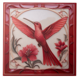 Röd & krämfärgad falsk relief Art Nouveau Kolibri  Kakelplatta