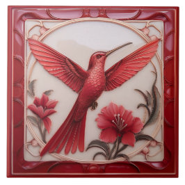 Röd & krämfärgad falsk relief Art Nouveau Kolibri  Kakelplatta