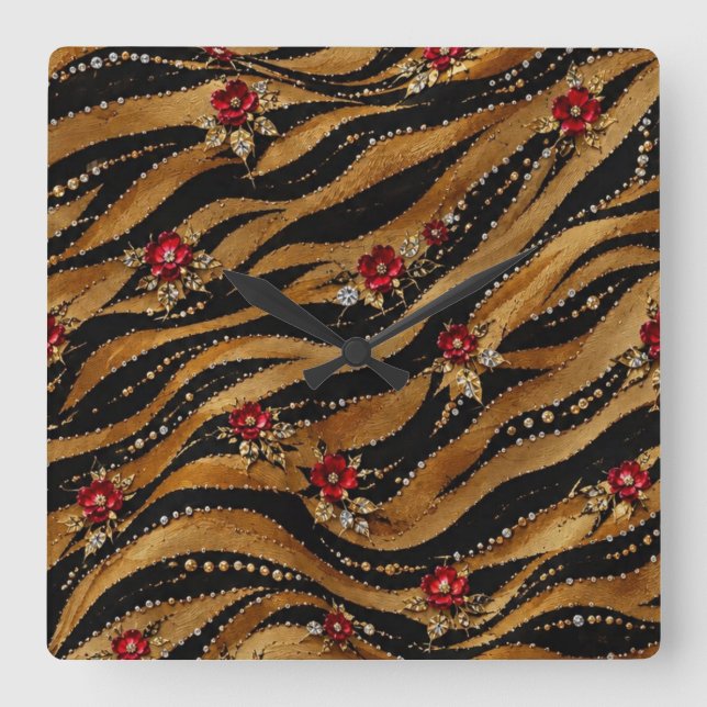 Röd kristallros tigerduk fyrkantig klocka (Framsida)