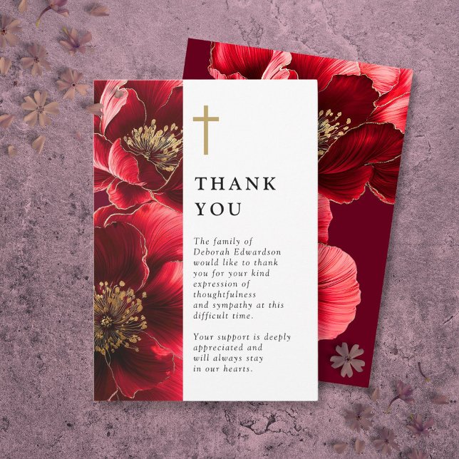 Röd kristen blomsterfirande av livet tack kort (Red Christian Floral Celebration Of Life Thank You Card)