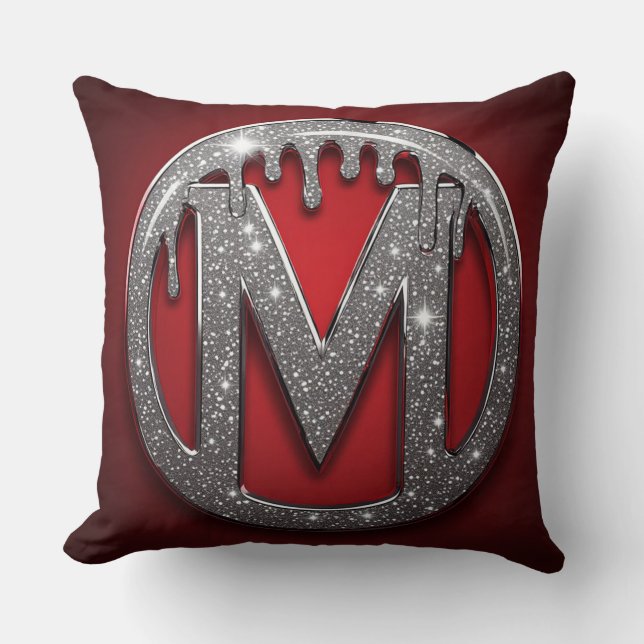 Röd krom dropp bokstav M monogram glitter emblem Kudde (Framsida)