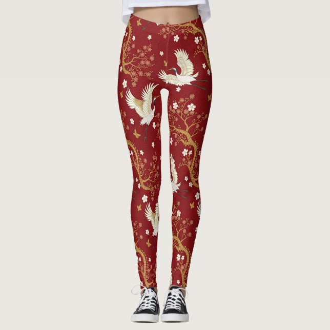 Röd Kronkran Sakura Mönster (1) Leggings (Framsida)