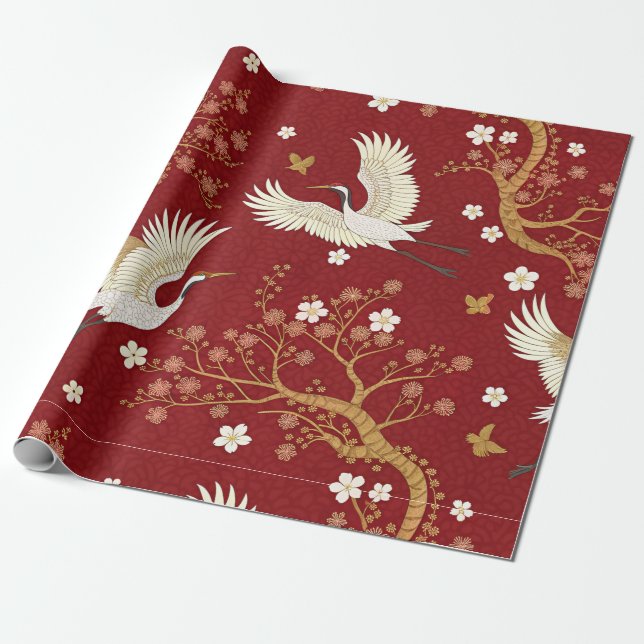 Röd Kronkran Sakura Mönster (1) Presentpapper (Utrullad)