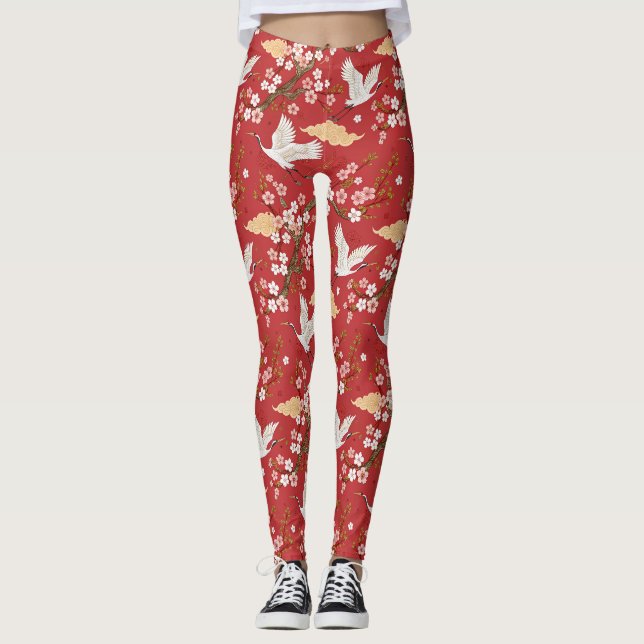 Röd Kronkran Sakura Mönster (2) Leggings (Framsida)