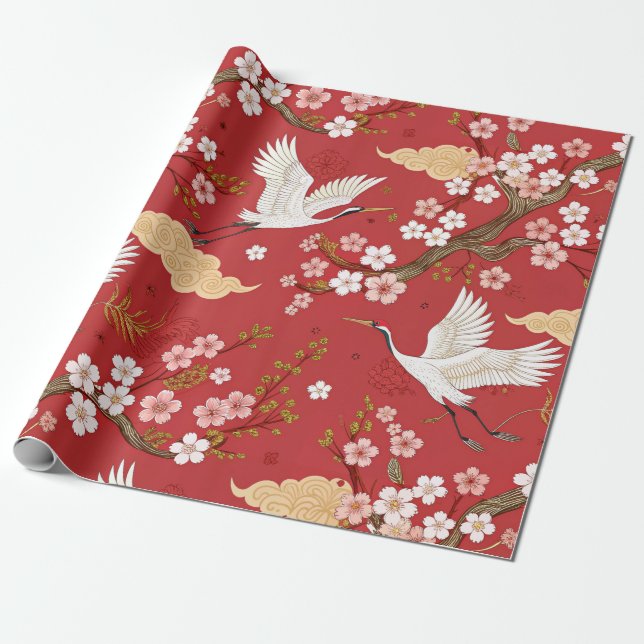 Röd Kronkran Sakura Mönster (2) Presentpapper (Utrullad)