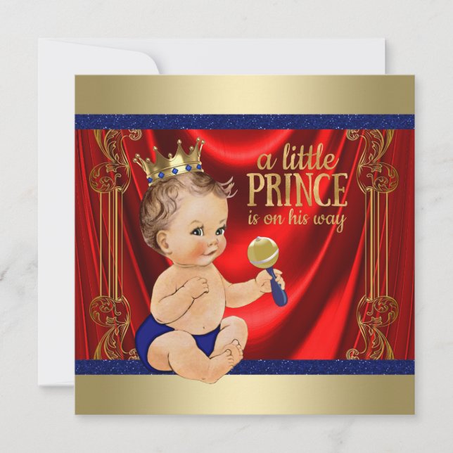 Röd Kunglig Blå Guld Prins Baby Shower Inbjudningar (Framsida)