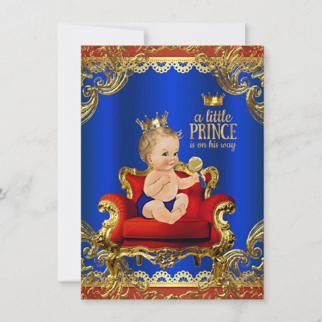Röd kunglig blå guld stol prins baby shower inbjudningar (Framsida)