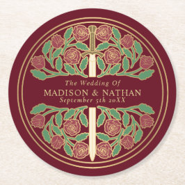 Röd kunglig medeltida guldsvärdshyllning underlägg papper rund