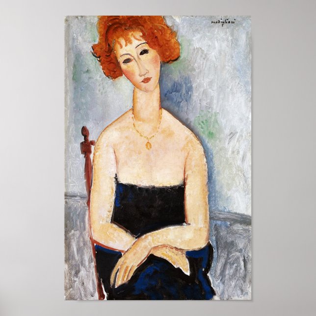 Röd kvinna med en Pendant, Modigliani Poster (Framsidan)