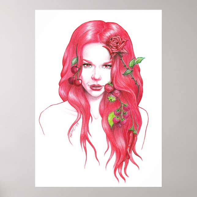 Röd kvinna porträtt Surreal fantasykonst Poster (Framsidan)