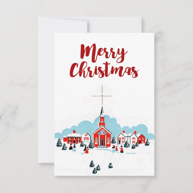 Röd kyrka med julscen med stjärna inbjudningar (Framsida)
