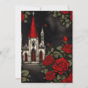 Röd kyrka och rosor gotisk elegans bröllop inbjudningar