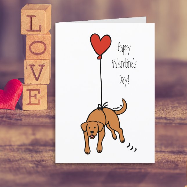 Röd Labrador Retriever Hjärtballong Alla Hjärtans  Helgkort (Fox Red Labrador Heart Balloon Valentine's Day Cards for Labrador Owners.  Cartoon Art Design.)