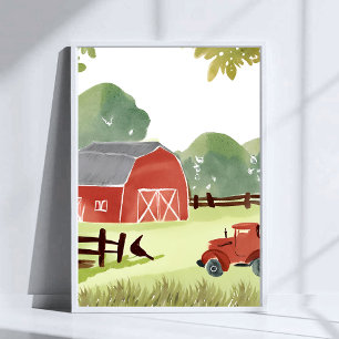 Röd lada Lantlig akvarell Traktor Målning Poster