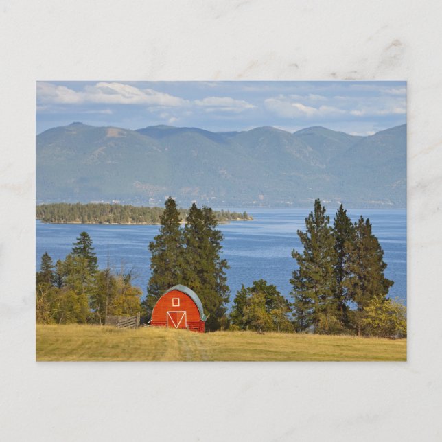 Röd lada ligger längs den natursköna Flathead Lake Vykort (Framsida)