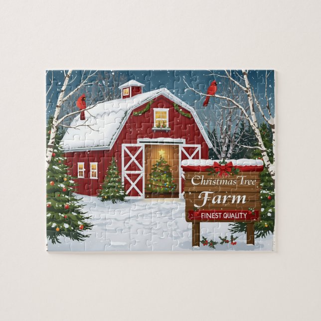 Röd ladugård julgransfarm pussel (Horisontell)