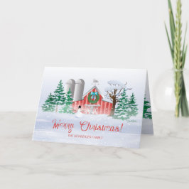 Röd ladugård julkrans snöman helgkort