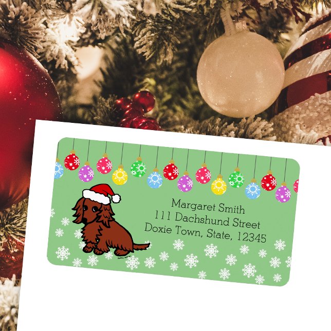 Röd långhårig Dachshund Jul Söt Adressetikett (Red Long Haired Dachshund Cute Christmas Return Address Labels for Dachshund Owners.  Cute Cartoon.)