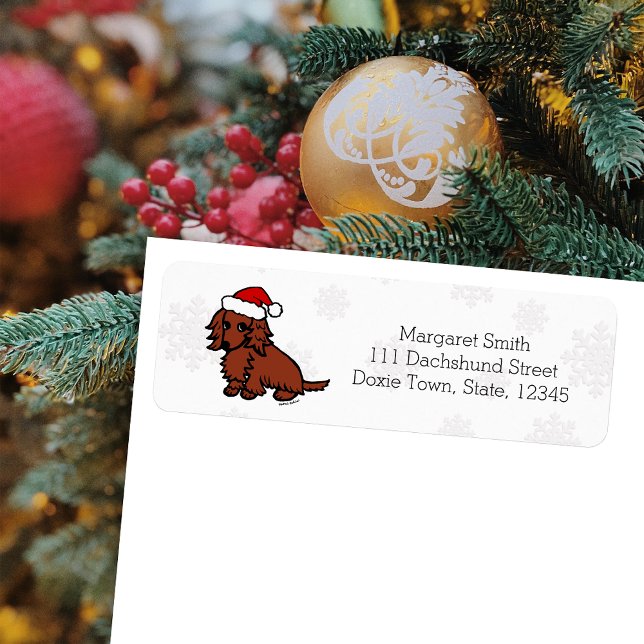 Röd långhårig Dachshund Jul Söt Returadress Etikett (Red Long Haired Dachshund Santa Design Christmas Return Address Labels for Dachshund Owners.)