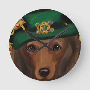 Röd långhårig Dachshund Rund Klocka