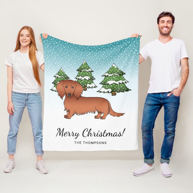 Röd långhårig Dachshund Söt Hund - Vinter Skog Fleecefilt (På plats)