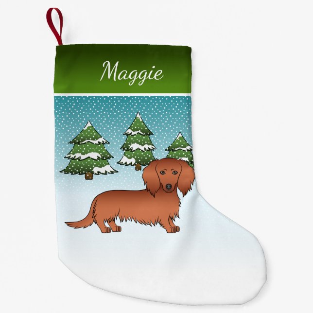Röd långhårig Dachshund Söt Hund - Vinter Skog Liten Julstrumpa (Framsidan)