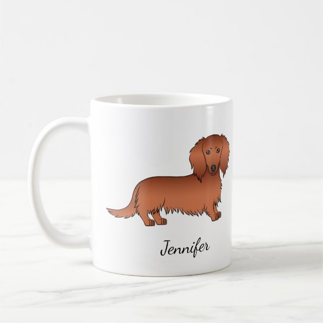 Röd långhårig Dachshund Söt Tecknad Hund & Namn Kaffemugg (Vänster)