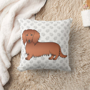 Röd långhårig dachshund Söt tecknad hund & tassar Kudde