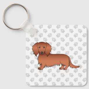 Röd långhårig dachshund Söt tecknad hund & tassar Nyckelring
