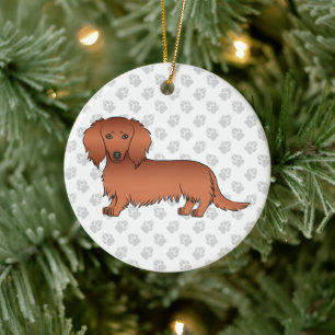 Röd långhårig Dachshund Söt Tecknad Hund & Text Julgransprydnad Keramik
