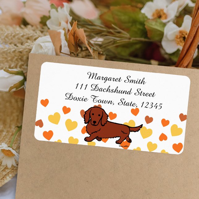 Röd långhårig dackel 1 adressetikett (Red Long Haired Dachshund Return Address Label featuring Dachshund Walking.  Cute Cartoon Design.)