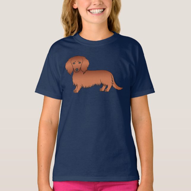 Röd långhårig dackel söt tecknad hund t shirt (Framsida)