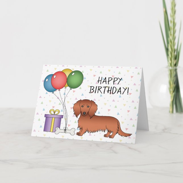 Röd långrockad dachshund tecknad hund Glad födelse Kort (Framsida)