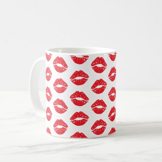 Röd Läppar, röd läppstift, kyss, Mönster i Läppar Kaffemugg (Framsida vänster)