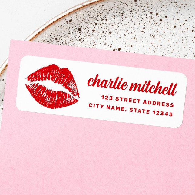 Röd läppstiftstämpel retro returadress etikett (Red lipstick mark retro return address label)