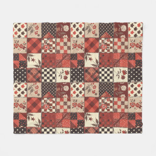 Röd lapptäcke gingham Cottagecore blommig Fleecefilt