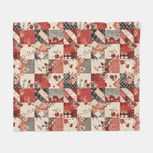 Röd lapptäcke gingham Cottagecore blommig Fleecefilt