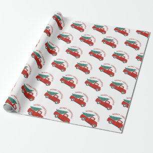 Röd lastbil för vintage med trädjul presentpapper