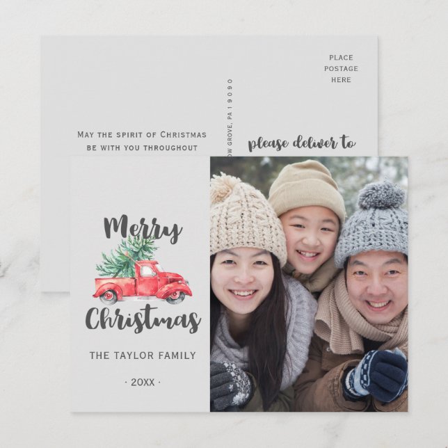 Röd lastbil och julgran jul foto helg vykort (Fram/baksida)