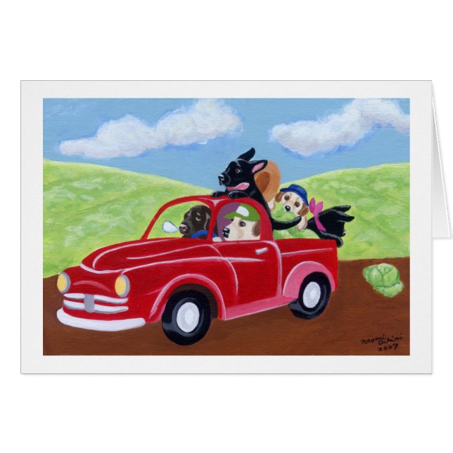 Röd lastbil och labb hälsningskort (Framsidan Horizontal)