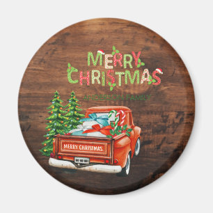 Röd lastbil tall julgran god jul trä magnet