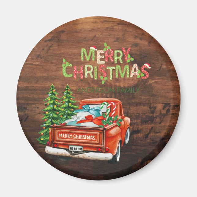 Röd lastbil tall julgran god jul trä magnet (Framsidan)
